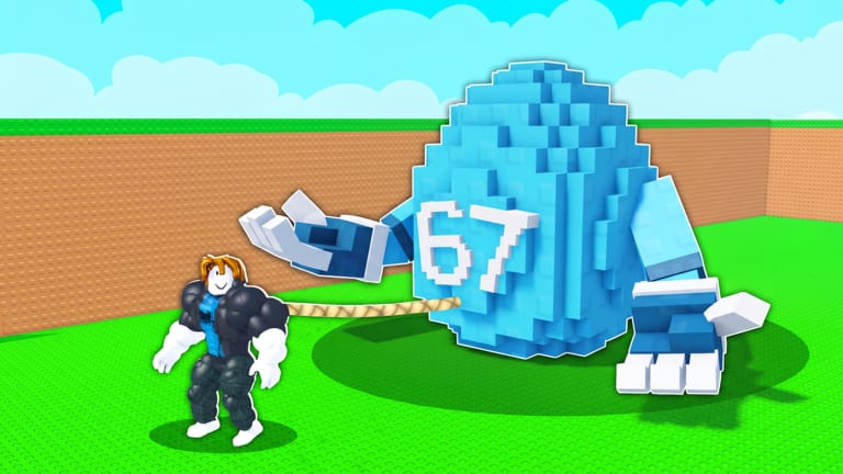 Muscular Roblox avatar pulling a giant numbered egg across the grass in Pull An Egg